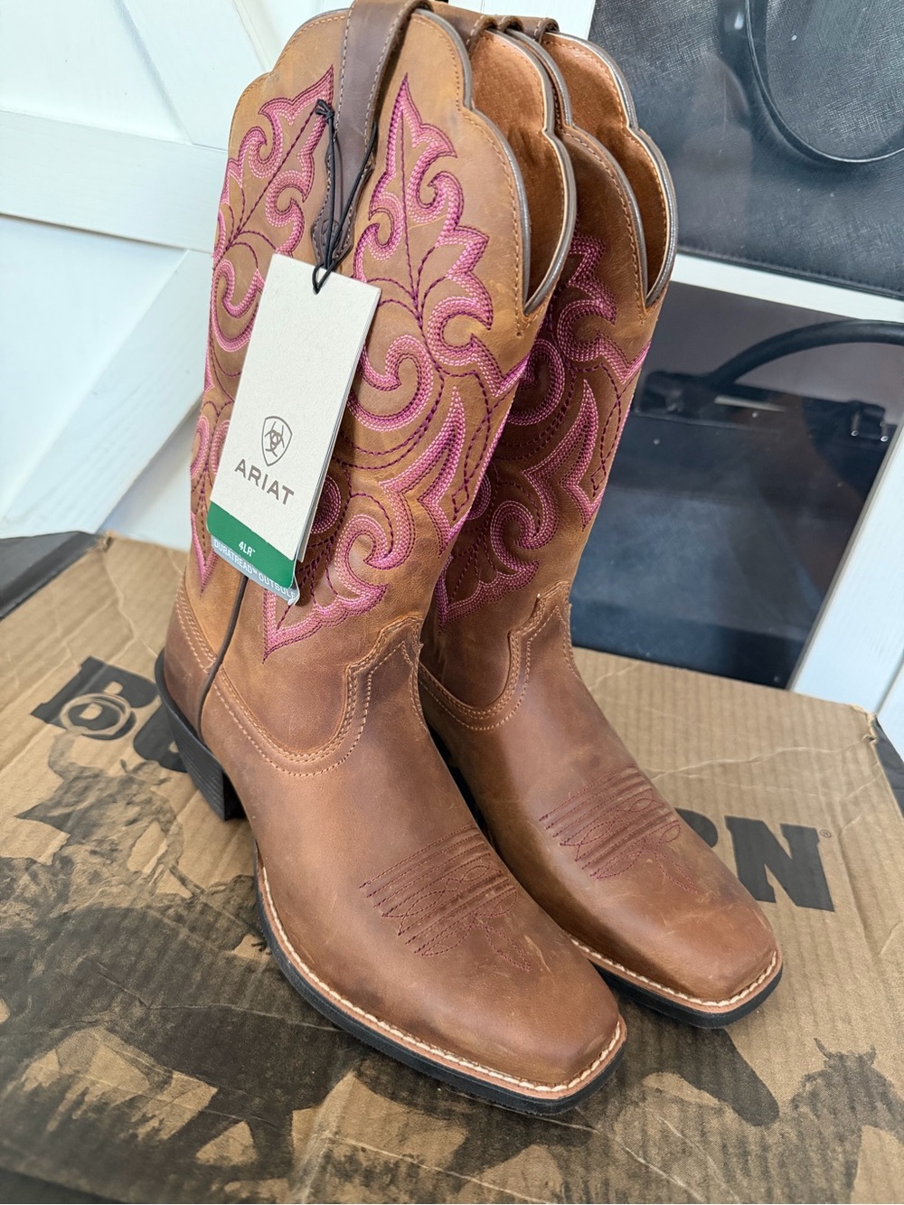 Ariat Brown Leather Western Boots with Pink Stitching